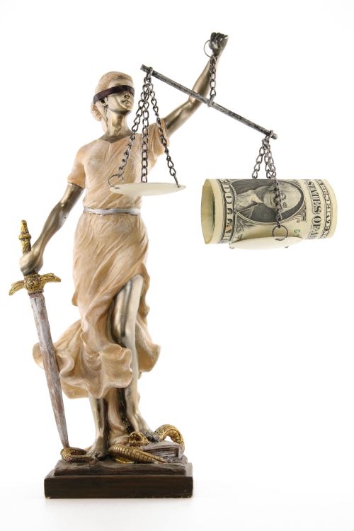 12172967 - justice (greek:themis,latin:justitia) blindfolded with scales, sword and money on one scale. corruption and bribing concept